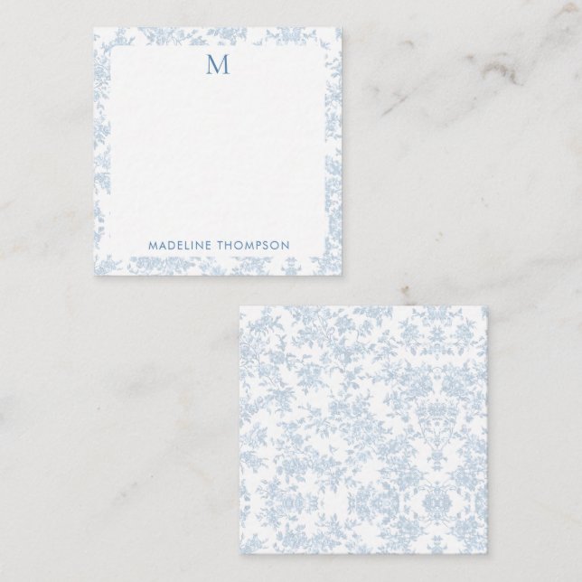 Classic Botanical Toile Monogram Blue Square Note Card (Front/Back)
