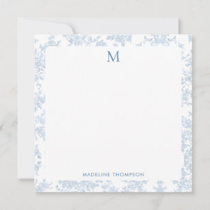 Classic Botanical Toile Monogram Blue Square Note Card