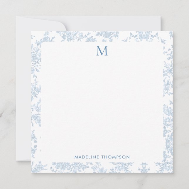 Classic Botanical Toile Monogram Blue Square Note Card (Front)