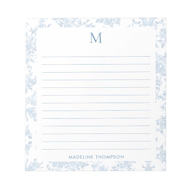 Classic Botanical Toile Monogram French Blue Lined Notepad (Front)