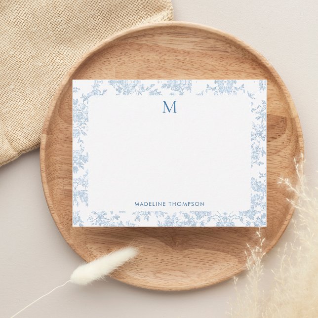 Classic Botanical Toile Monogram French Blue Note Card (Creator Uploaded)