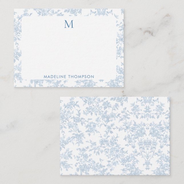 Classic Botanical Toile Monogram French Blue Note Card (Front/Back)