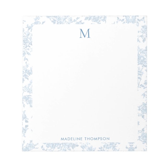 Classic Botanical Toile Monogram French Blue Notepad (Front)
