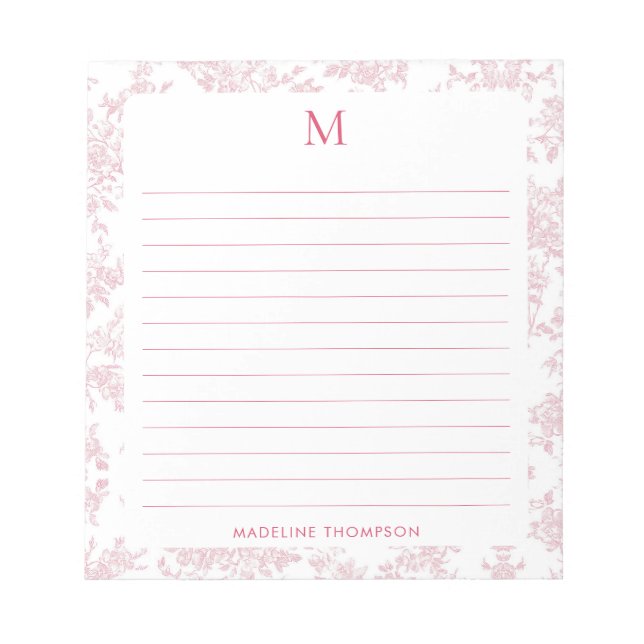 Classic Botanical Toile Monogram Red Lined Notepad (Front)