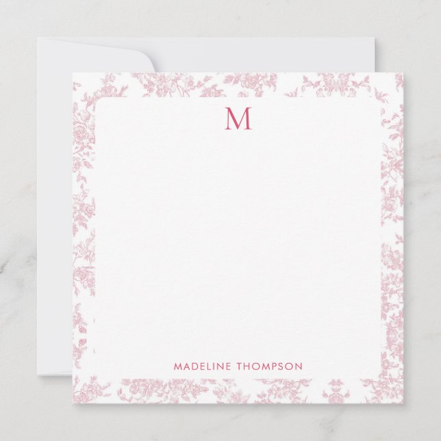 Classic Botanical Toile Monogram Red Square Note Card (Front)