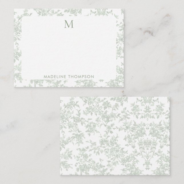 Classic Botanical Toile Monogram Sage Green Note Card (Front/Back)