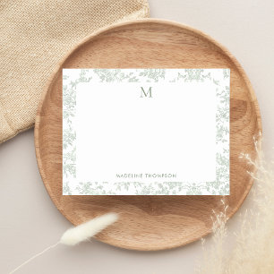 Classic Botanical Toile Monogram Sage Green Note Card