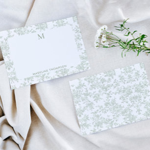 Classic Botanical Toile Monogram Sage Green Note Card