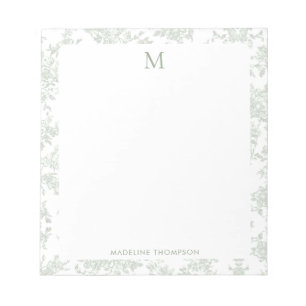 Classic Botanical Toile Monogram Sage Green Notepad