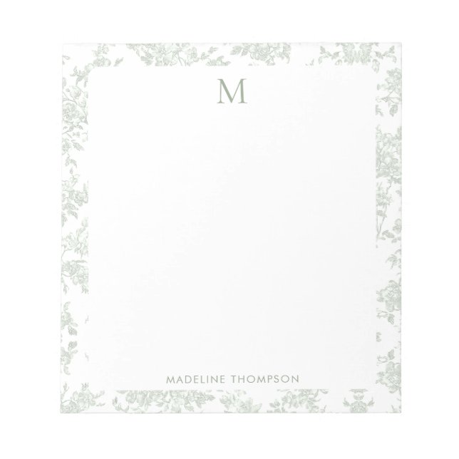Classic Botanical Toile Monogram Sage Green Notepad (Front)