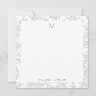 Classic Botanical Toile Monogram Sage Green Square Note Card
