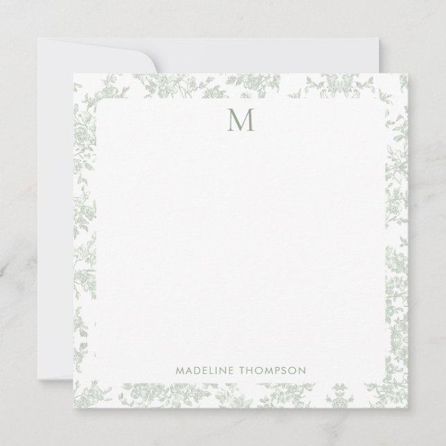 Classic Botanical Toile Monogram Sage Green Square Note Card (Front)