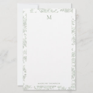 Classic Botanical Toile Monogram Sage Green Stationery