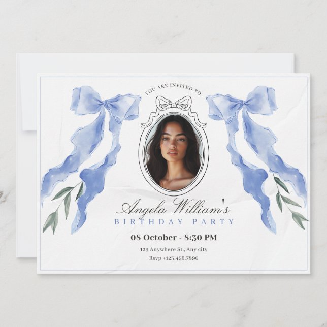Classic bow elegant photo birthday invitation (Front)