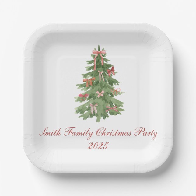 Classic Bow Tree Family Christmas Party Holiday Paper Plates (Front)