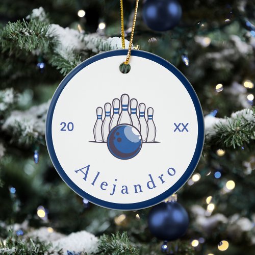 Classic Bowling Design Pins &amp; Ball Name &amp; Year Ceramic Ornament