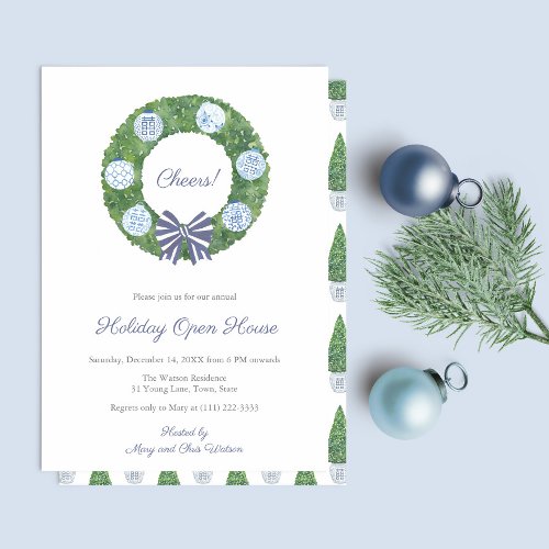 Classic Boxwood Blue White Christmas Holiday Party Invitation