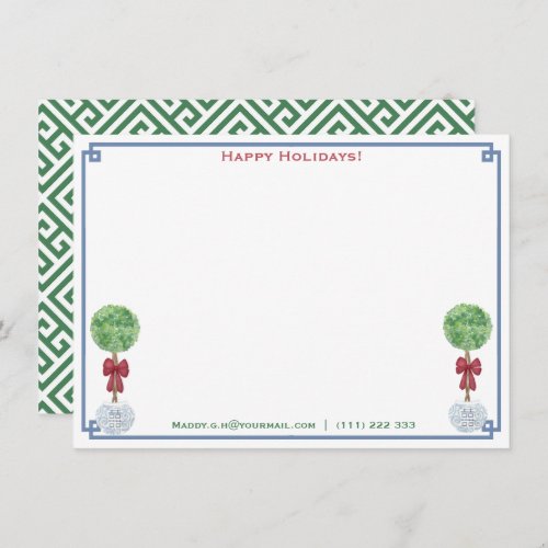 Classic Boxwood Merry Christmas From The Desk Of Note Card - Timeless personalized Holidays note card design with Boxwood Lollipop topiary decorated with a floppy red bow and shown in Ginger Jar planters. These watercolor elements were handpainted by me before being scanned into digital form. The reverse side has a "Greek Key" pattern backer. You can change the contrast color on the reverse (shown here as a green) to any color you like by entering the design tool (underneath the text customization area, click to "customize further") then changing the background color on the reverse.