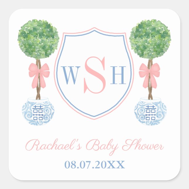 Classic Boxwood Monogram Crest Baby Shower Favor Square Sticker (Front)