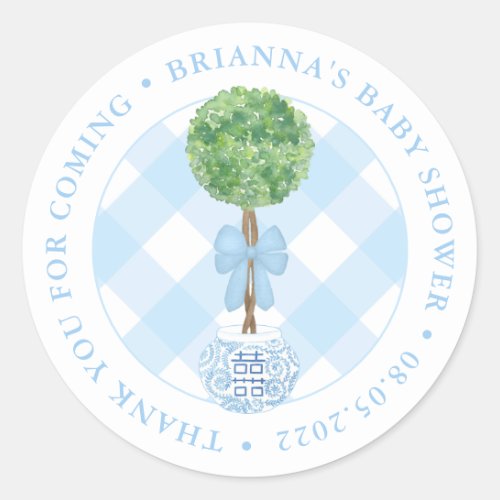 Classic Boxwood Topiary Blue Baby Shower Thank You Classic Round Sticker