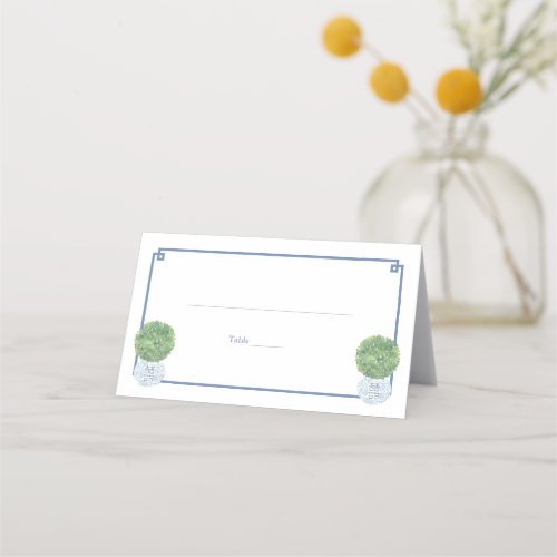 Classic Boxwood Topiary Blue Greek Key Mixed Event Place Card