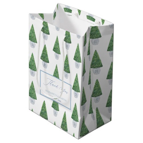Classic Boxwood Topiary Chinese Planter Thank You Medium Gift Bag - Boxwood topiary tree cone and chinese style blue and white planter handpainted in watercolor (by yours truly) and arranged into a repeating pattern.
