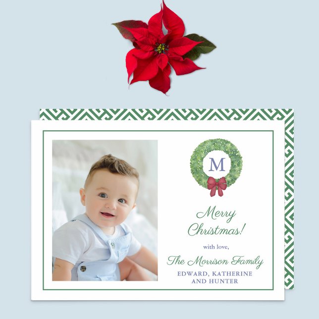 Classic Boxwood Wreath Red Green Merry Christmas Holiday Card (Preppy boxwood wreath with red bow, family photo and green white Greek Key reverse)