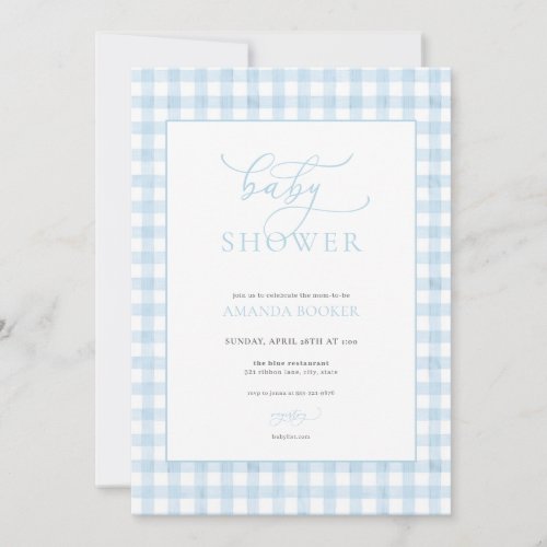 Classic Boy Blue Gingham Baby Shower Invitation