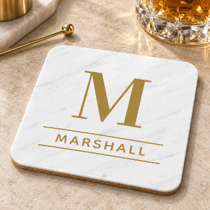 Classic Brass Gold Serif Monogram Name Beverage Coaster