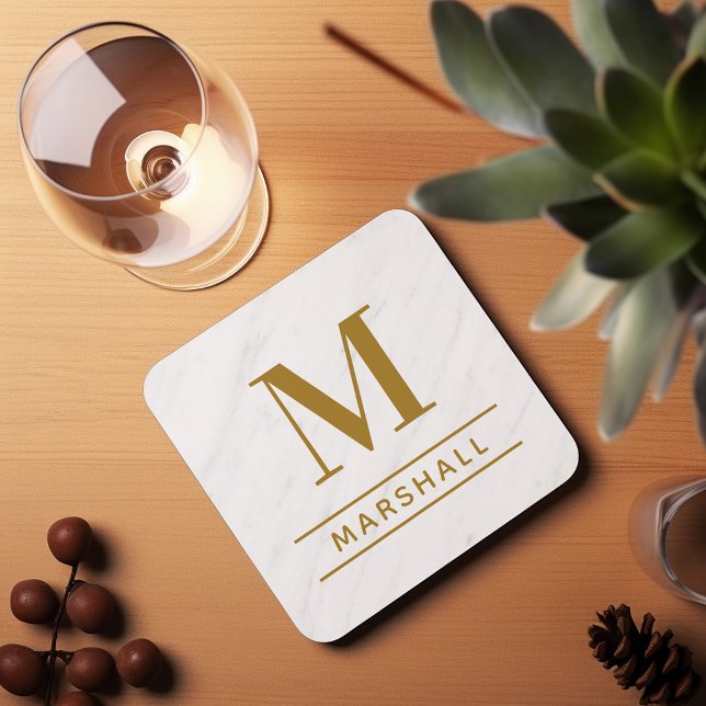 Classic Brass Gold Serif Monogram Name Beverage Coaster (Creator Uploaded)