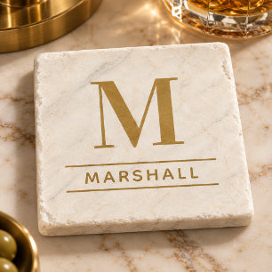 Classic Brass Gold Serif Monogram Name Stone Coaster