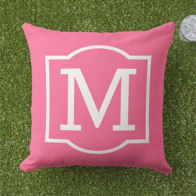 Classic Bright Pink Custom Monogram Letter Outdoor Pillow (Grass)