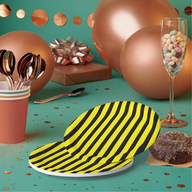 Classic Bright Yellow and Black Striped Paper Plates (Multi)
