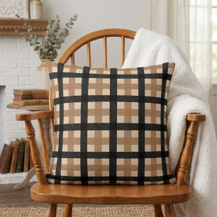 Classic Brown and Black Textured Plaid Throw Pillow