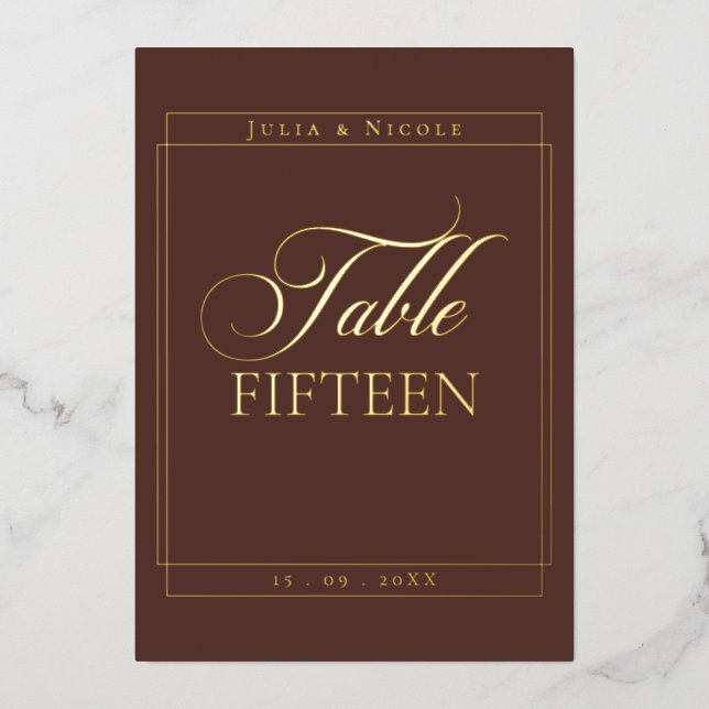 Classic Brown Border Wedding Table Number Sign (Front)
