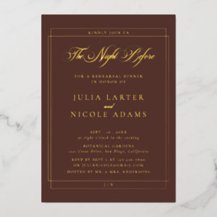 Classic Brown Gold Calligraphy Rehearsal Dinner Foil Invitation
