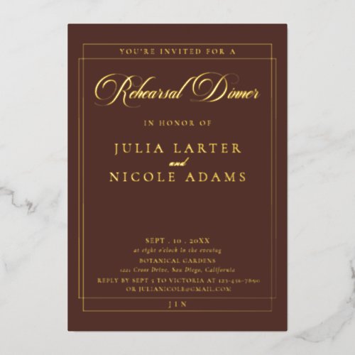 Classic Brown Gold Calligraphy Rehearsal Dinner Foil Invitation