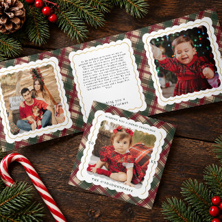 Classic Brown, Green Red Plaid Christmas Photo Tri-Fold Holiday Card