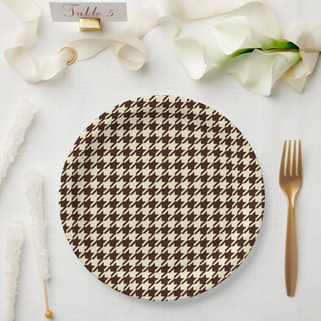 Classic Brown Ivory Pepita Houndstooth Pattern    Paper Plates (Wedding)