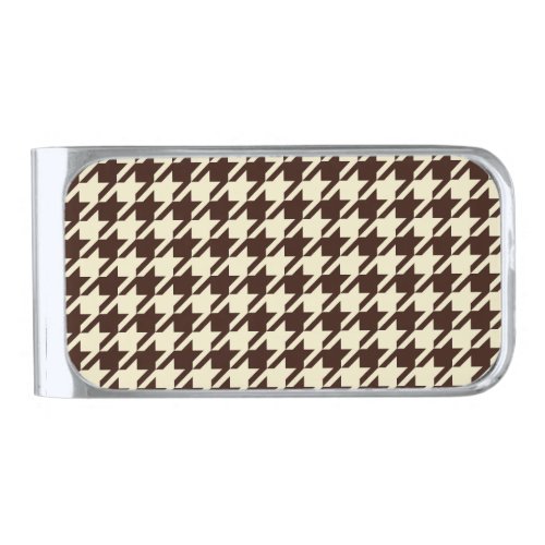 Classic Brown Ivory Pepita Houndstooth Pattern   Silver Finish Money Clip