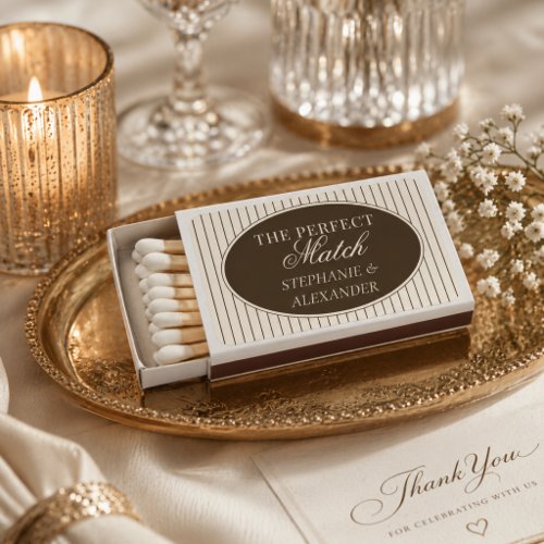 Classic Brown Ivory Stripes Oval Old Money Wedding Matchboxes