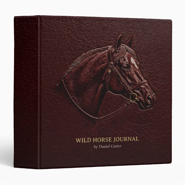 Classic Brown Leather Horse Head Equestrian 3 Ring Binder (Front/Spine)