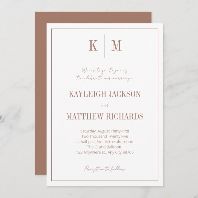 Classic Brown Monogram Elegant Wedding  Invitation (Front/Back)