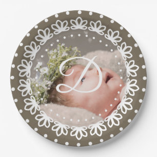 Classic brown monogram photo birthday party paper plates