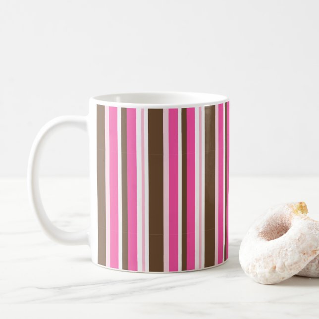 Classic Brown & Pink Stripe Coffee Mugs  (With Donut)