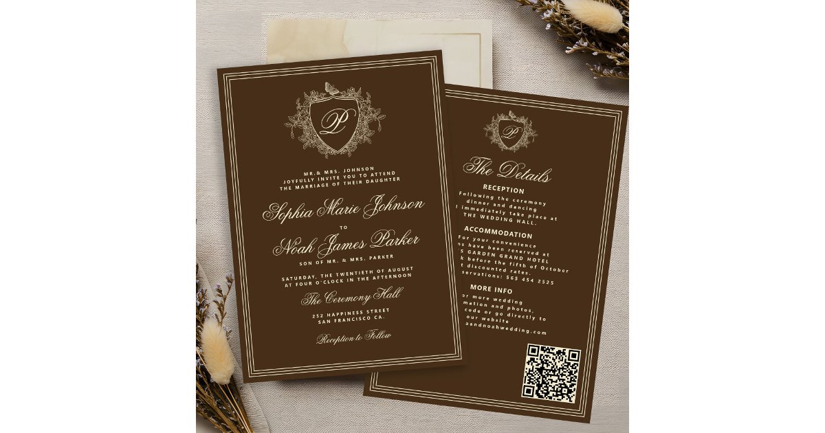 Classic brown QR code formal monogram wedding Invitation | Zazzle