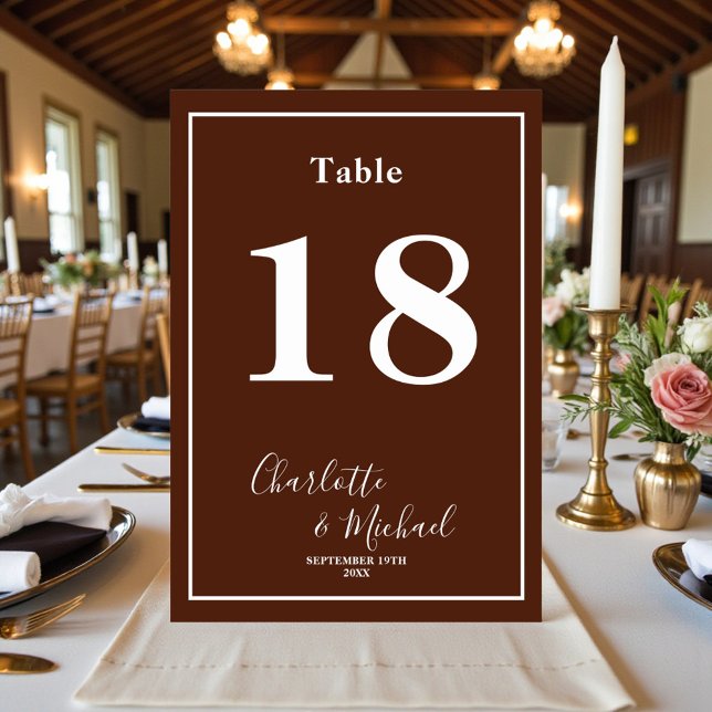 Classic Brown Script Minimalist Wedding Table Number (Creator Uploaded)