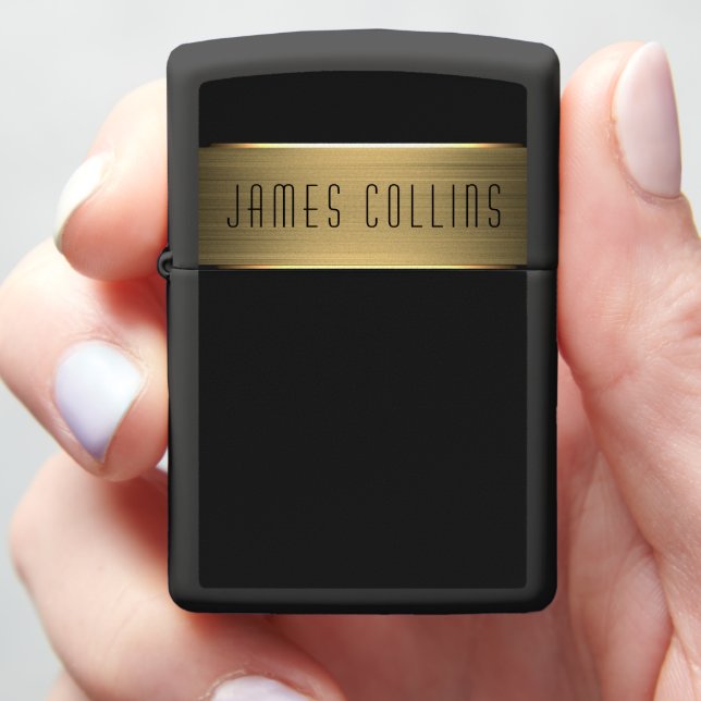 Classic Brushed Gold Metal on Black Personalized Zippo Lighter (In Hand)