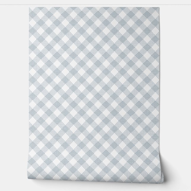 Classic Buffalo Check Plaid White n Dusty Blue Wallpaper (Unrolling)