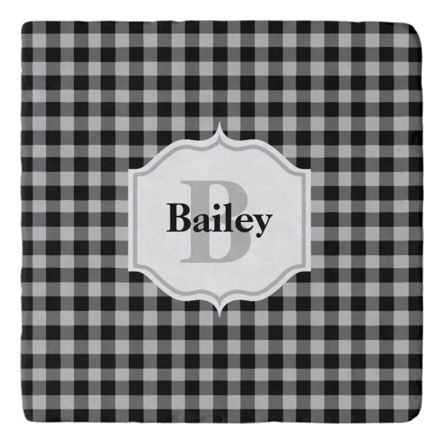 Classic Buffalo Plaid Check Black Grey Monogram Trivet (Front)